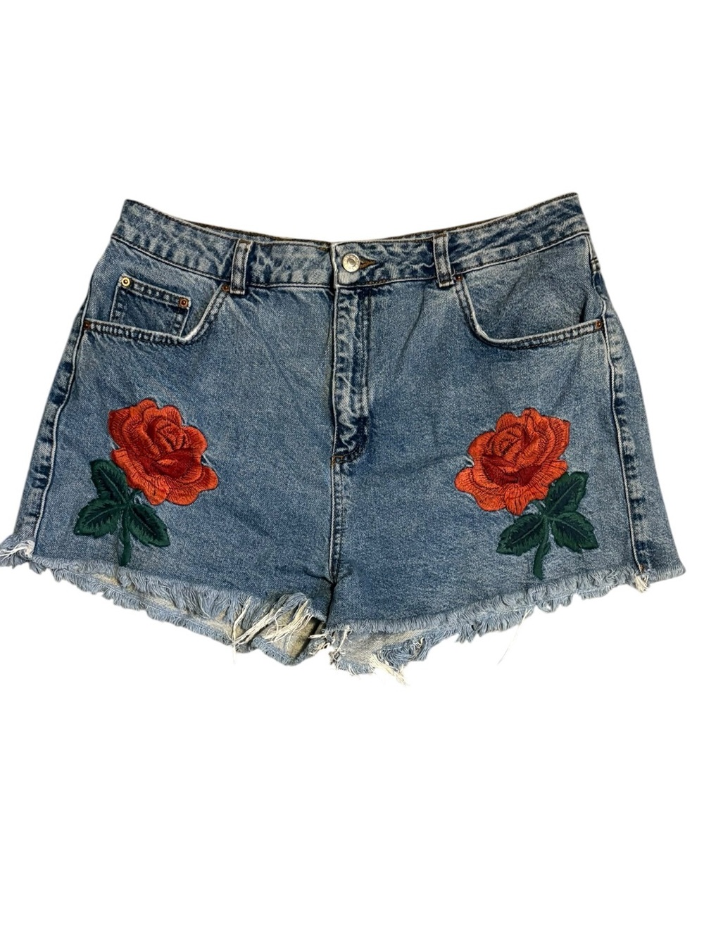 Topshop MOTO Rose Embroidered Mom Denim Shorts Raw Hem Blue Size 12